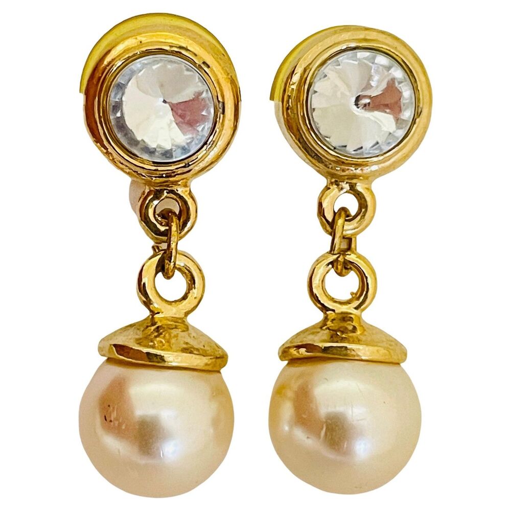 Vintage gold tone rhinestone dangle pearl designer earrings